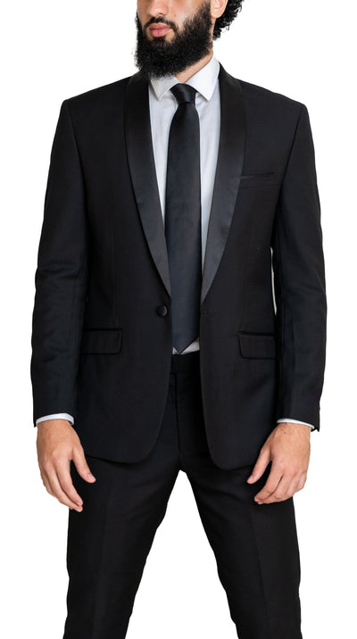 Slim Black Single Breasted Single Button Tux with Shawl Lapel