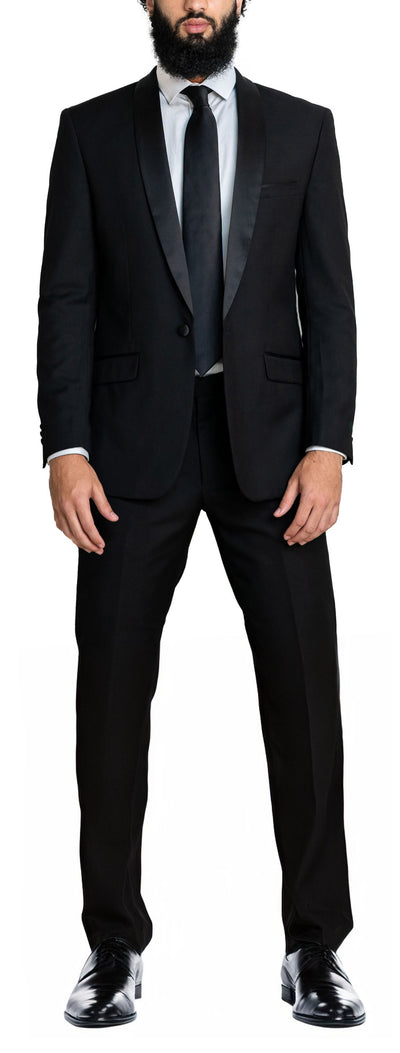 Slim Black Single Breasted Single Button Tux with Shawl Lapel